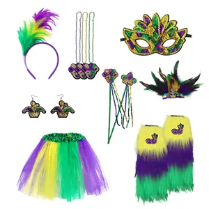 Set costume Mardi Gras con maschera di paillettes oro viola verde, tutu e piume