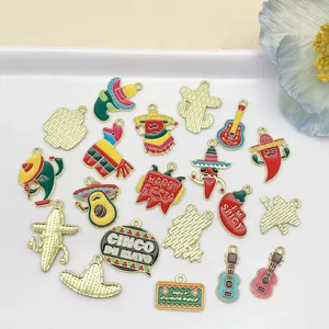 20pcs Assorted Mexican Fiesta enamel charms featuring chili, guitar, and cactus designs.