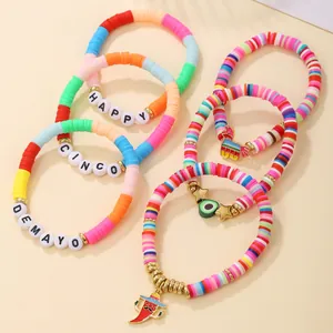 Festive Cinco de Mayo soft clay bead bracelet set with chili and avocado charms
