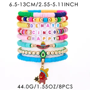 8-piece Cinco de Mayo bracelet set with polymer clay beads and Mexican theme charms