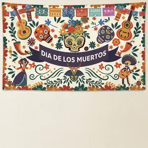 México Día De Los Muertos Pancarta Fondo Colorido Calavera Guitarra Patrón Floral Poliéster Fiesta Decoración Fondo Tela