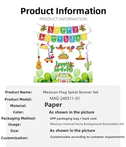 Mexican Fiesta Birthday Decoration Set with Banner Cactus Swirls and Cake Toppers