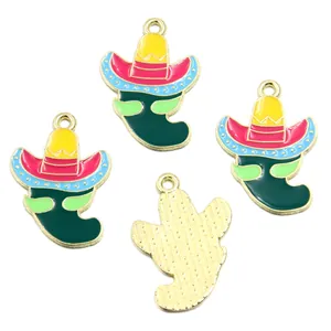 Detailed view of the front and back of vibrant Mexican sombrero cactus enamel charms.