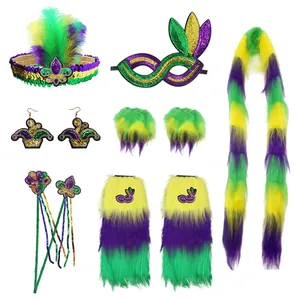 Set accessori Mardi Gras con paillettes, maschera, fascia e scaldamuscoli in pelliccia