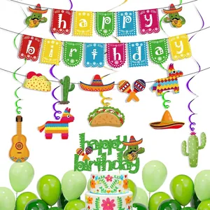 Colorful Mexican party decoration set with happy birthday banner, cactus, and taco cutouts.