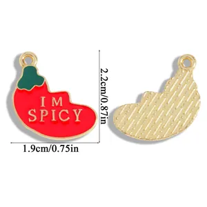 Mexican red chili pepper enamel pendant with 'I M SPICY' text, includes dimensions