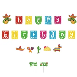 Mexican birthday party decoration set with colorful banner and cactus toppers