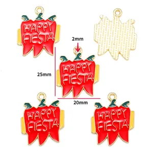 Detailed view of Mexican Fiesta red pepper enamel pendants with precise dimensions of 25x20mm