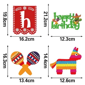 Detailed dimensions of Mexican themed birthday party banner, maracas, and piñata kit