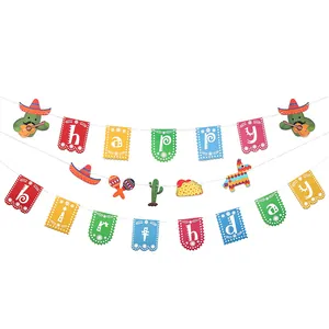 Colorful Mexican fiesta birthday banner with festive cactus and taco card decorations