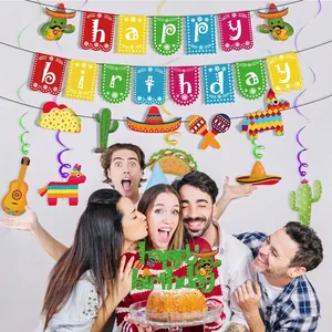 Details of Mexican-style birthday banner, swirls, and cake topper in a party scene