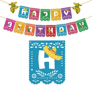 Detail view of Mexican fiesta birthday banner with cactus and colorful letter flags