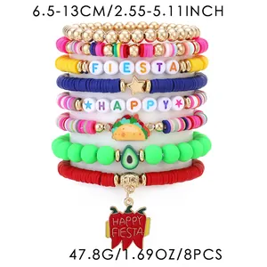 Colorful Cinco de Mayo beaded bracelet set with taco and chili charms.