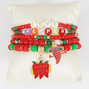 Cinco de Mayo beaded bracelet set with chili pepper charms and love pepper text
