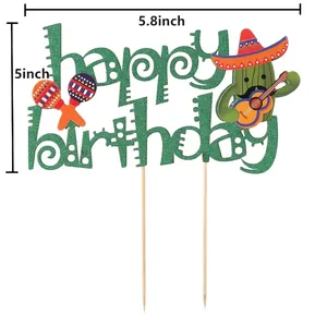 Mexican theme cactus happy birthday cake topper with glitter green letters 5.8x5 inch