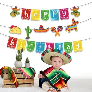 Colorful Mexican fiesta birthday banner set featuring cactus and sombrero paper cutouts