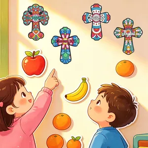 Cartoon children with large Day of the Dead cross and fruit PVC magnetic fridge stickers.