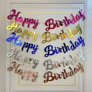 Detailed close-up showing Happy Birthday letter banners in five vibrant metallic colors.