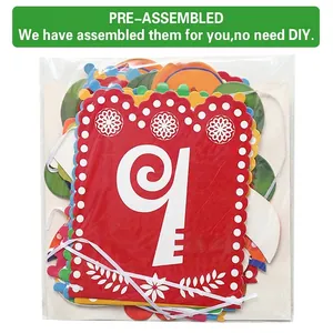 Detail view of pre-assembled Mexican birthday party banner in plastic packaging