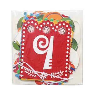 Detailed view of colorful Mexican party banner in clear retail packaging with string