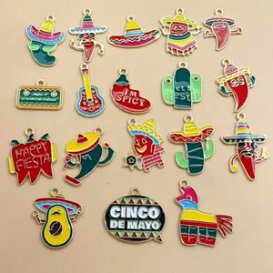 Collection of Mexican theme enamel charms for DIY jewelry making featuring chili and cactus