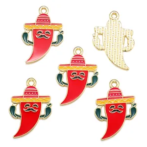 Handmade Mexican Fiesta chili enamel charms with sombreros for DIY jewelry and crafts.