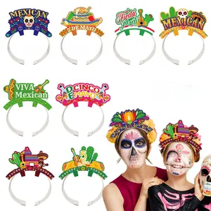 9Pcs Mexican Fiesta party headbands with cactus and sugar skull patterns