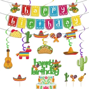 Mexican fiesta birthday party decoration set with banner, swirls, and cake topper