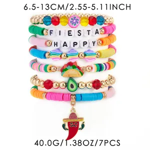 Detail view of 7-piece colorful Mexican Fiesta themed stretch bracelet set