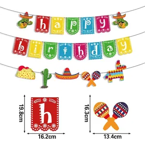Mexican themed birthday party banner set with cactus and taco decorations