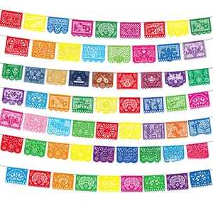 Colorful Mexican papel picado banner featuring traditional cutout folk art patterns for parties