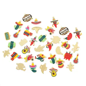 Mexican Fiesta enamel charms set featuring colorful cacti chili peppers and sombreros