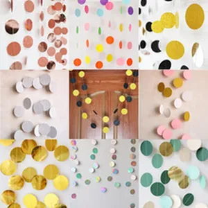 Collage showing various vibrant colors of circular paper garlands for party decorations.