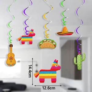 Mexican themed birthday party ceiling hanging swirls with taco cactus and piñata cutouts