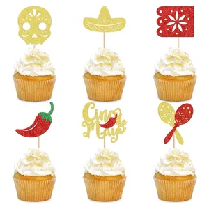 Set of six glitter Mexican themed cupcake toppers for Cinco de Mayo party decorations