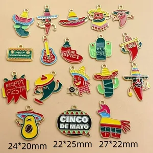 Colorful Mexican themed enamel charms set with chili cactus and sombrero for DIY jewelry