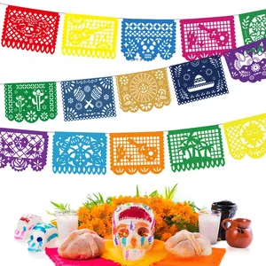 Detailed view of Mexican fiesta banner set with festive Day of the Dead altar arrangement