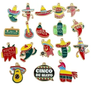 Collection of Mexican Fiesta enamel charms with chili cactus and sombrero for DIY jewelry making