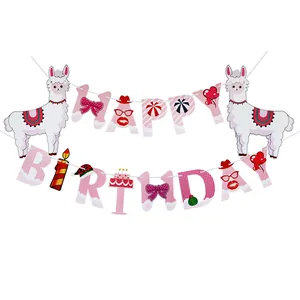 Detailed view of pink alpaca themed Happy Birthday letter banner for party decorations