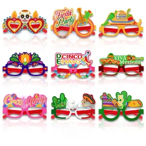 Set of 9 colorful Mexican Cinco de Mayo party glasses with cactus and sombrero designs