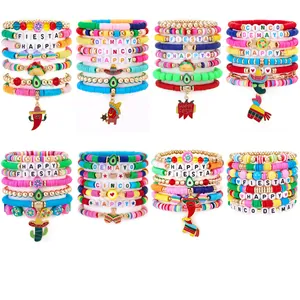 Handmade Mexican Cinco De Mayo Beaded Bracelet Colorful Polymer Clay Heishi Beads Sombrero Chili Pepper Taco Fiesta Jewelry