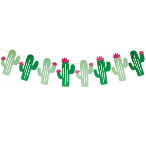Decorative party banner with green cactus cutouts and pink floral accents on white background