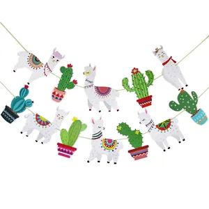 Festive party banner with cartoon llamas and cactus cutouts for birthday celebration decor
