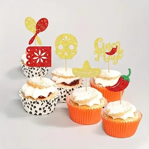 Glittery Cinco de Mayo cupcake toppers featuring chili, skull, and sombrero designs.