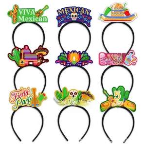 Set of 9 colorful Mexican fiesta themed headbands for party decorations.