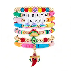 Mexican Fiesta bracelet set with chili taco and avocado charms in colorful clay beads