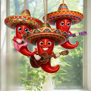 Close-up of 2D flat wooden Mexican chili hanging ornaments with sombrero and guitar