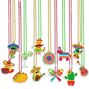 Detailed view of colorful Mexican party necklaces with cactus and taco charms