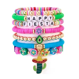 Mexican Cinco de Mayo beaded bracelet set with sombrero cactus charm and Happy Fiesta text