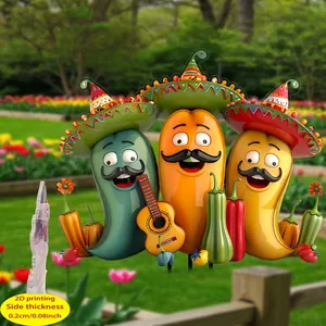 Close-up of 2D flat printed Mexican chili pepper acrylic garden stake decoration